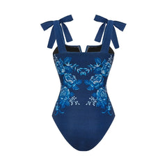 Blue Floral Patterned Two Piece Swimwear