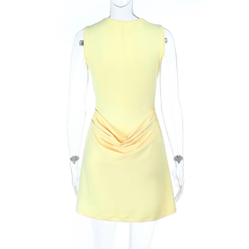 Yellow sleeveless dress on a mannequin against a white background