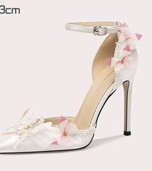 White Bow Pearl Stiletto Heels | Silk Butterfly-Knot Party Sandals