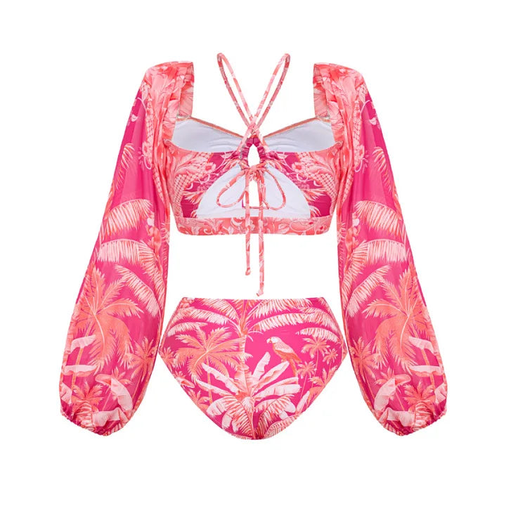 Back view of tropical print long sleeve crop top and high waist briefs swimwear set