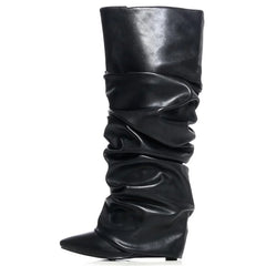 Camouflage Pleated Wedge Knee High Boots