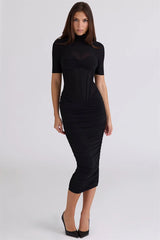 Black Ruched Turtleneck Short Sleeve Midi Dress