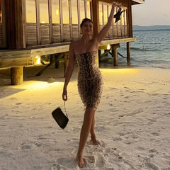 Sparkle Leopard Print Strapless Top And Midi Skirt Matching Set