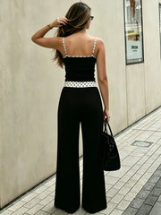 Black Polka Dot Trim Cami Top and Wide-Leg Pants Set