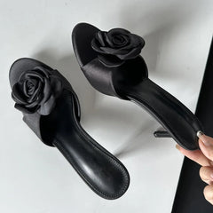 Black flower embellished kitten heel mules