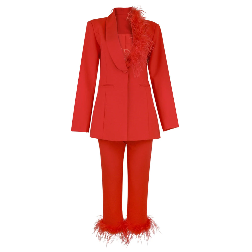 Red suit with feather details on a white background