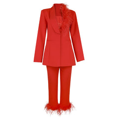 Red suit with feather details on a white background