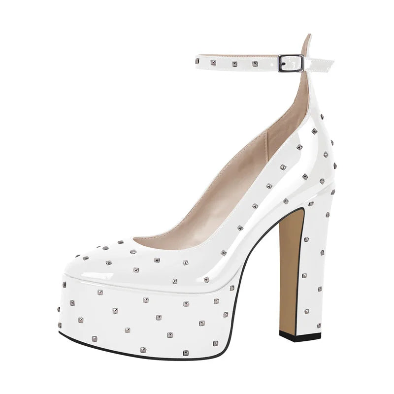 White studded platform chunky heel pump with ankle strap