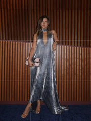 Metallic Pleated Halter Maxi Dress