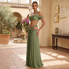 Halter Ruffle Crop Top and Cutout Maxi Skirt