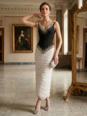 Beaded V-Neck Top and Ruched Skirt Set