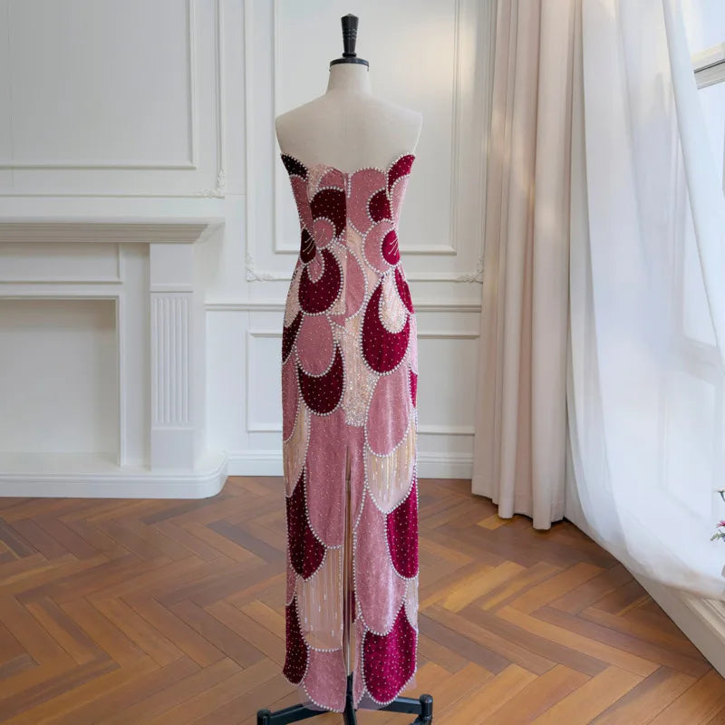 Full view of velvet color-blocked beaded column dress from the side