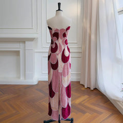 Full view of velvet color-blocked beaded column dress from the side