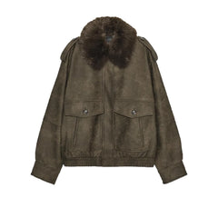 Brown leather jacket with fur collar