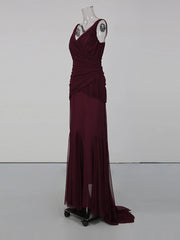 Ruched V-Neck Sheer-Hem Maxi Dress
