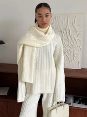 Cabel Knit Turtleneck Long Sleeve Top And High Waist Trousers Set