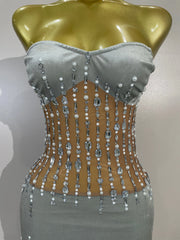 Silver Rhinestone Pearl Chain Mesh Mini Dress