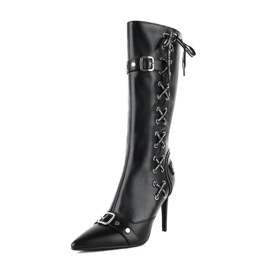 Black faux leather pointed toe stiletto boots with criss-cross lacing and buckle details