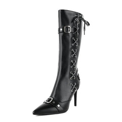 Black faux leather pointed toe stiletto boots with criss-cross lacing and buckle details