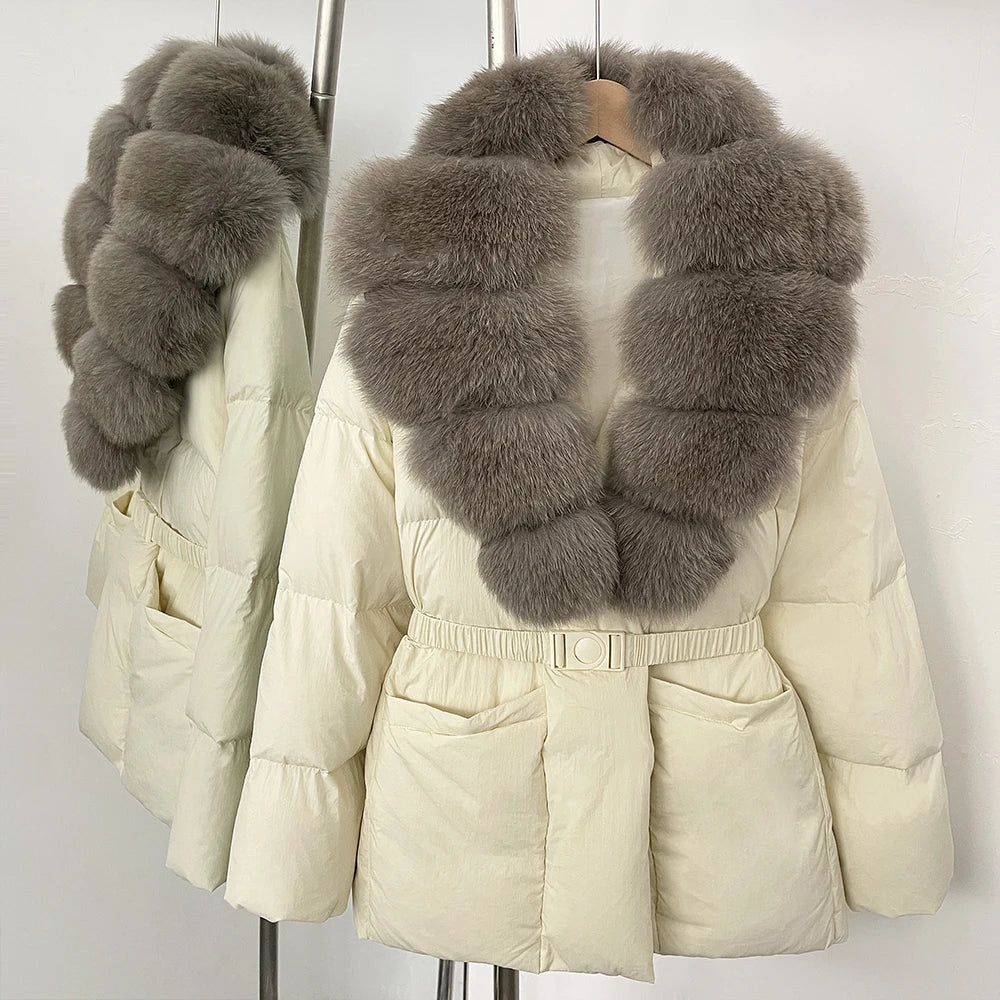 White puffer jacket with gray fur collar