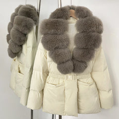 White puffer jacket with gray fur collar