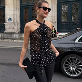 Polka dot halter neck chiffon blouse