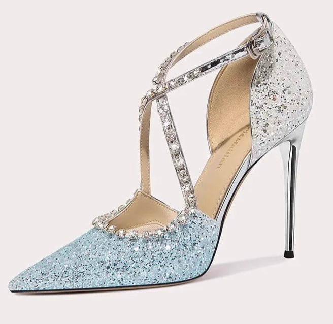 Sparkly high-heeled shoe on a white background