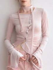 Velvet Asymmetrical Buttoned Ruffle Hem Top