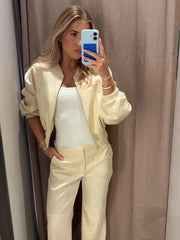 Cropped Ribbed Hem Bomber Jacket
