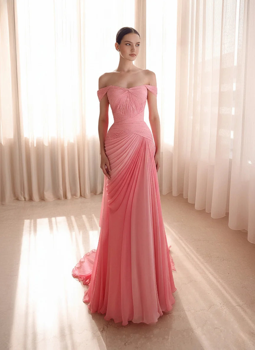 Full length view of off shoulder ruched chiffon gown