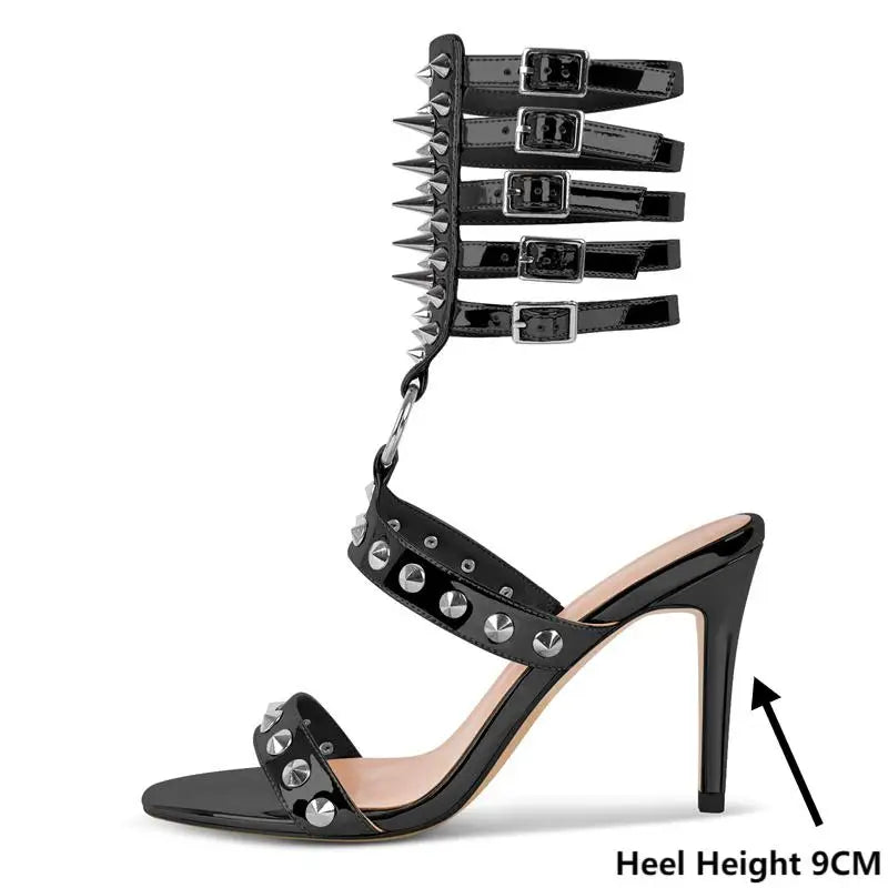 Studded stiletto ankle strap sandals side view with heel height indicator