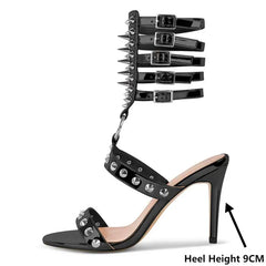 Studded stiletto ankle strap sandals side view with heel height indicator