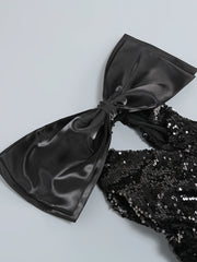 Black One-Shoulder Sequin Midi Dress with Bow Detail