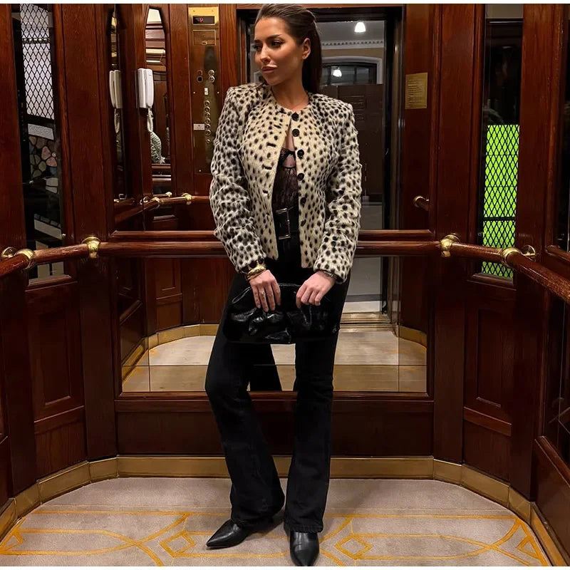 Leopard print O-neck jacket full length