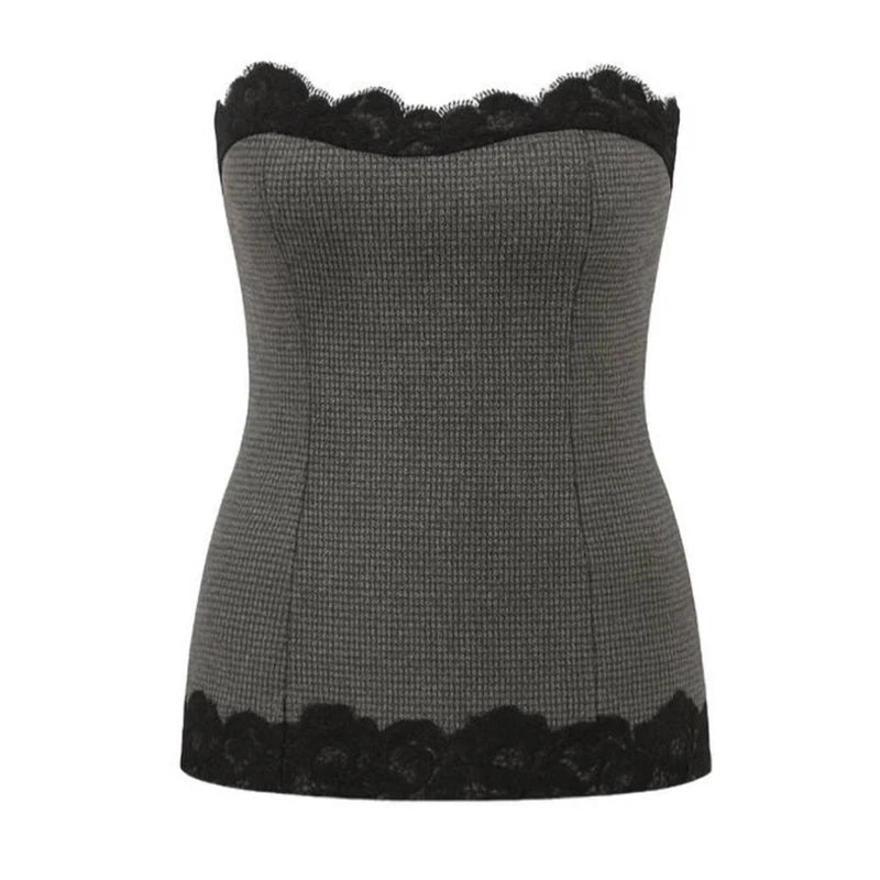 Gray strapless top with black lace trim on a white background