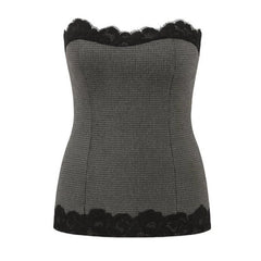 Gray strapless top with black lace trim on a white background