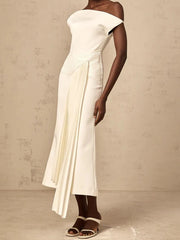 Diagonal Neck Midi Dress | Off-Shoulder Folded Elegance