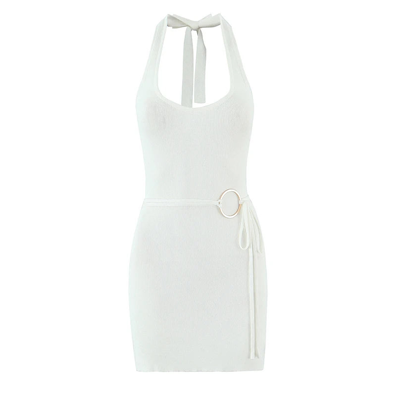 White halter neck dress with thin straps on a white background