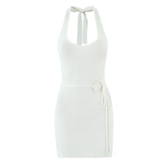 White halter neck dress with thin straps on a white background
