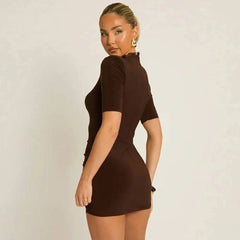 Mock Neck Lace Hollow Out Trim Mini Dress