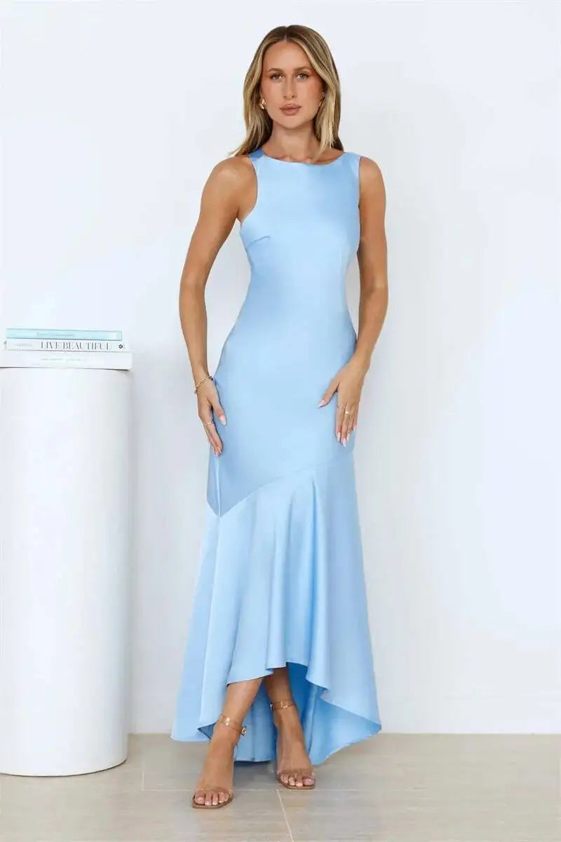Light blue satin backless asymmetrical hem maxi dress