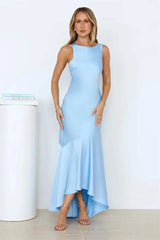 Light blue satin backless asymmetrical hem maxi dress