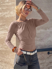 Ruched neck long sleeve top in beige