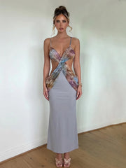 Grey Metal Decoration Patchwork Cutout V-Neck Maxi Dress