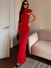 elegant red long dress with hollow out neckline