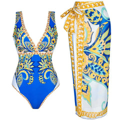 One-Shoulder Swimsuit with Oversized Flower Detail and Matching Printed Sarong Set