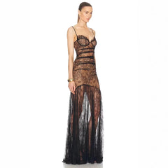 Black Lace Mesh Bodycon Gown with Sheer Overlay