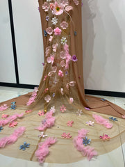 Mesh Beaded 3d Floral Applique Halter Maxi Dress