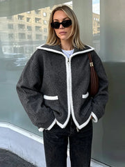 Textured zip-front collar coat in gray