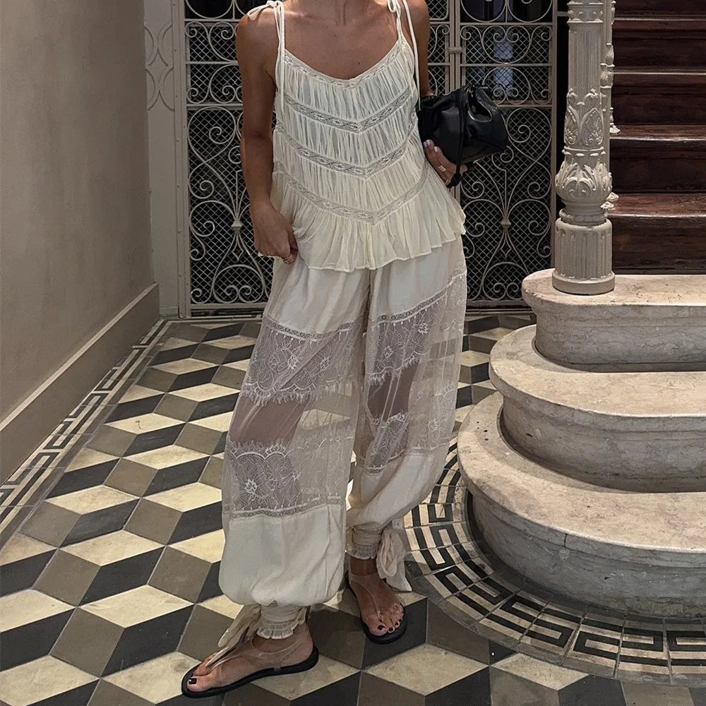 Lace patchwork wide leg pants full view